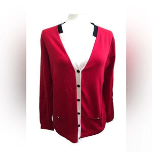 Jones New York red button down cardigan women PL silk blend excellent condition